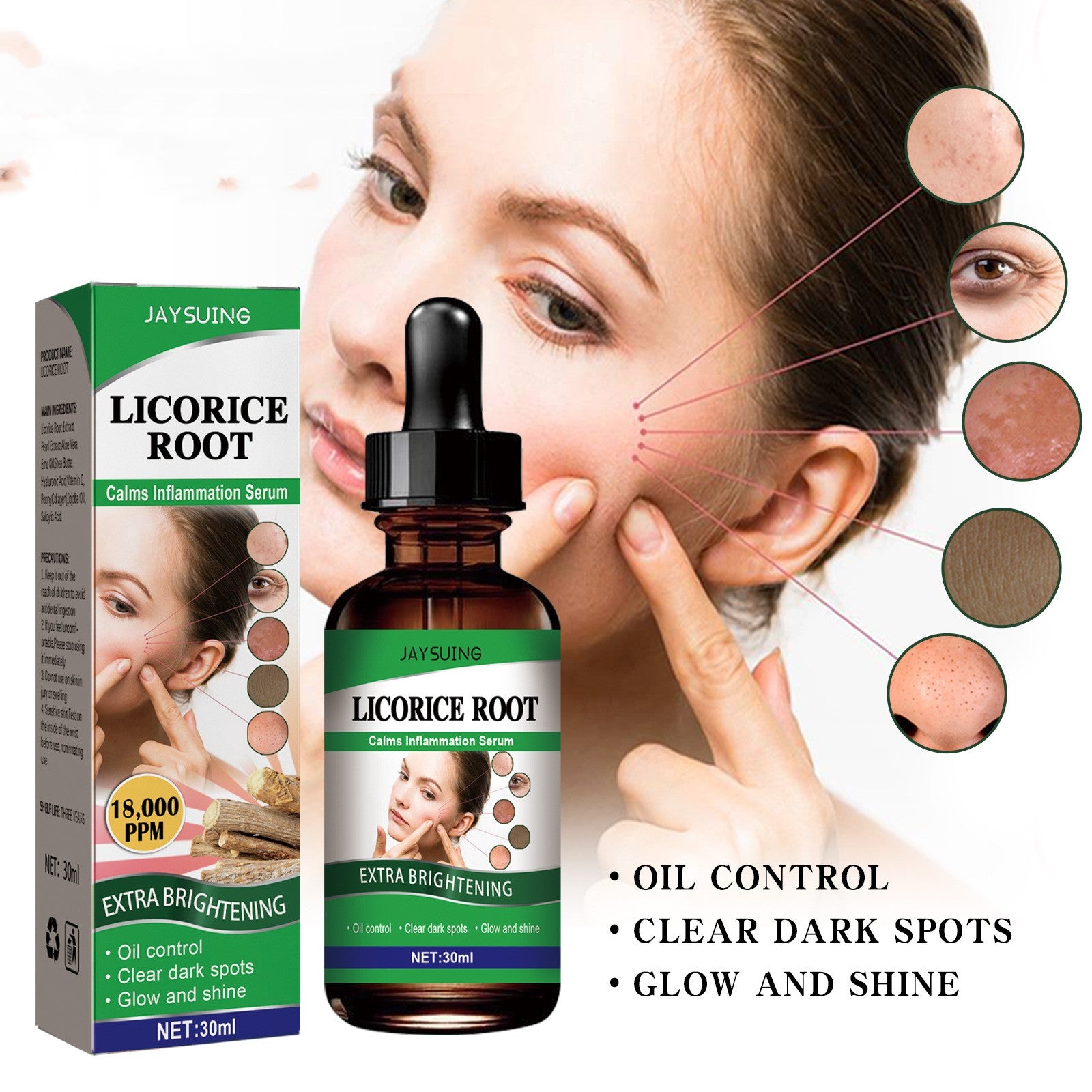 Visage avec peau éclatante, montrant des zones traitées contre les marques d&