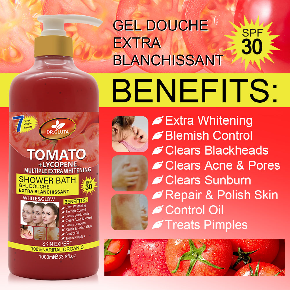 Gel douche exfoliant à la tomate, blanchissant et anti-âge, pour soin du corps, texture gel, flacon blanc.