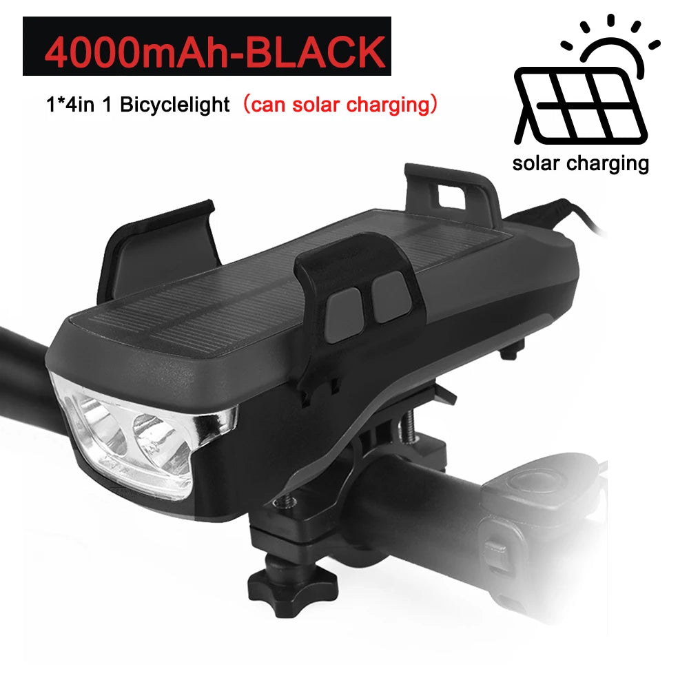 5-in-1 Multifunktions-Fahrradlicht mit USB-Solarladefunktion, Hupe, Handyhalterung, Powerbank und Frontlampe für Fahrräder – LED-Lampenzubehör