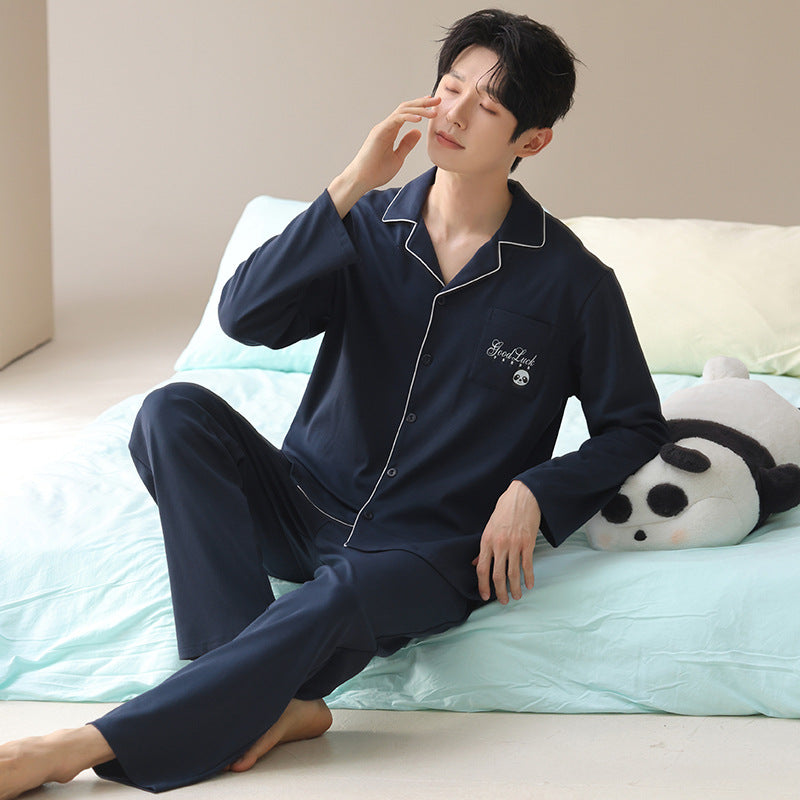 Paar-Pyjama-Set für Damen aus reiner Baumwolle, bestehend aus langärmeliger Hose, Reverskragen und Hausanzug.