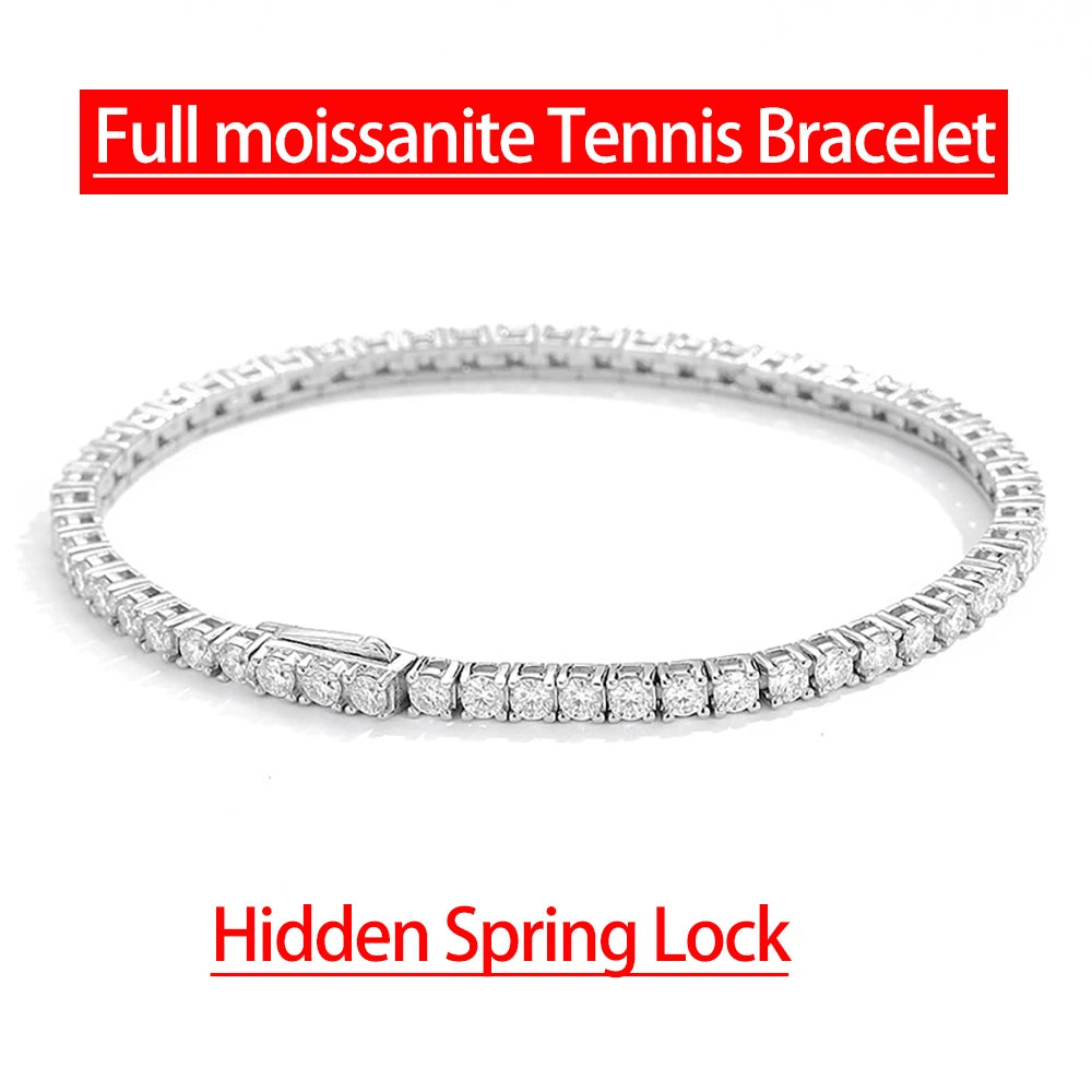 Brățară tenis cu moissanit de 2 mm, 2,5 mm, 3 mm, 4 mm, 5 mm, pentru femei și bărbați, 100% argint sterling S925, placată cu 18K, cu încuietoare cu arc ascunsă