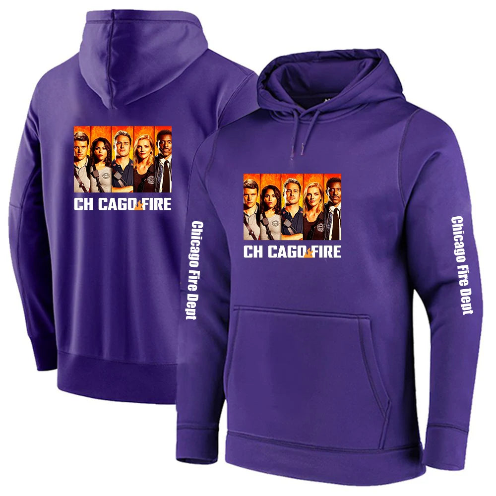 2025 Primăvara și toamna Chicago Fire Department Show TV Rescue Print Men's Outdoor Classic Solid Color Sports Loose Pullover Hoodies