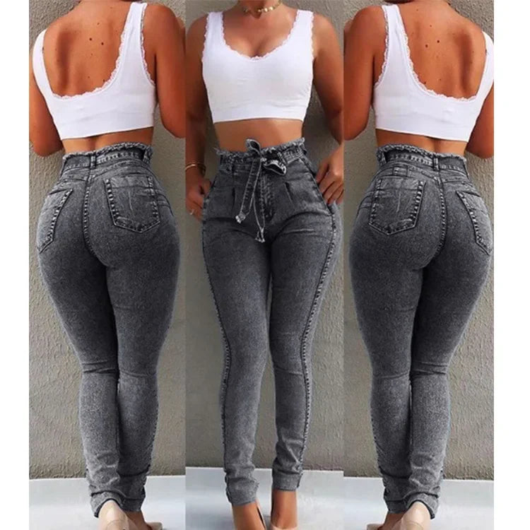 Women's Clothing Jeans Slim Stretch Tassel Belt High Waist Jeans Denim Pants Skinny Ankle Length Bleached