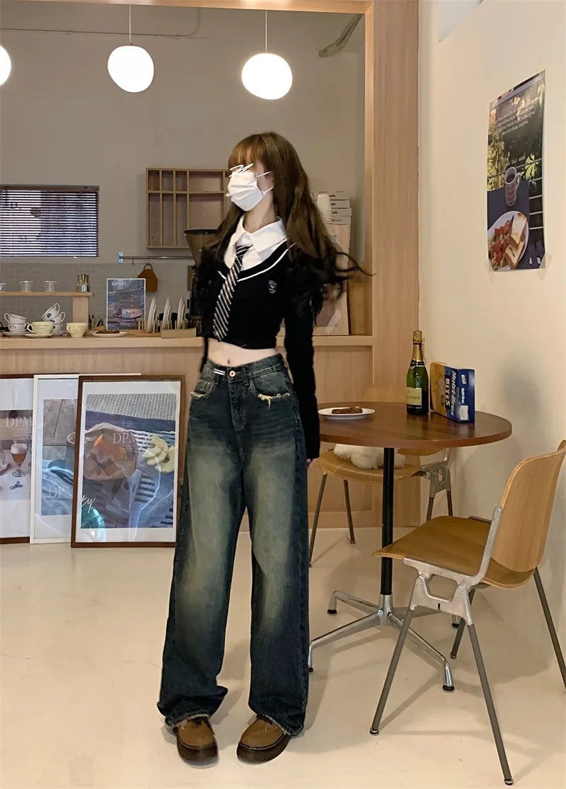 Women's Harajuku Style Loose Wide Leg Jeans Autumn Winter Street Fashion Retro Straight Loose Denim Trousers 
