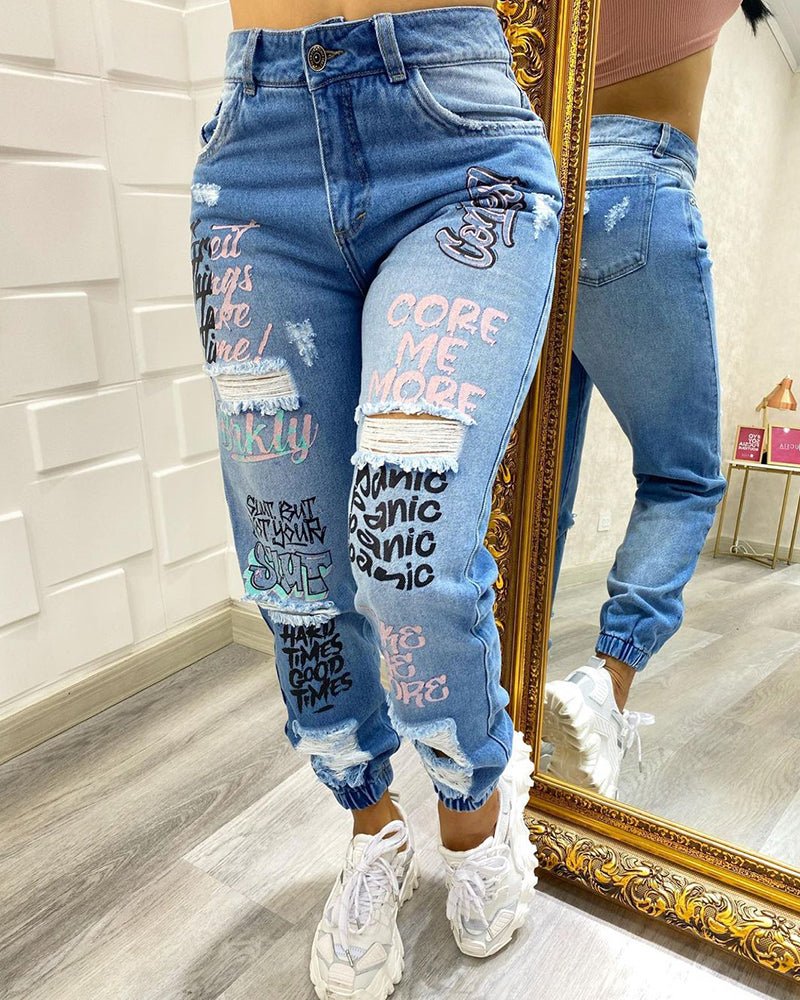 2024 New Letter Print Slant Pocket Ripped Jeans Casual Jeans Women