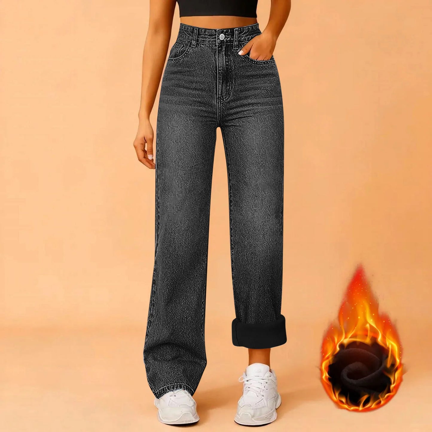 Women Winter Thciken Fleece Warm Denim Jeans Ladies High Street Straight Pants