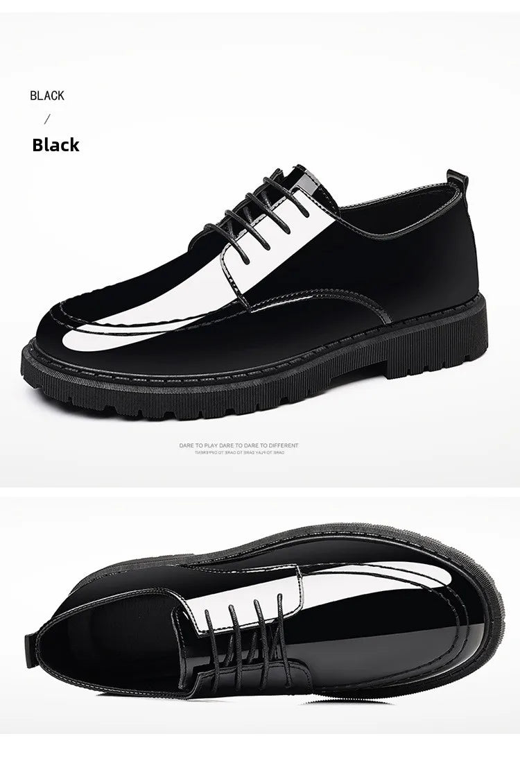 Men's Invisible Heightening Bean Bean Shoes Mirror Surface Leather Shoes Casual Business Shoes round Toe Mid Heel PVC Outsole