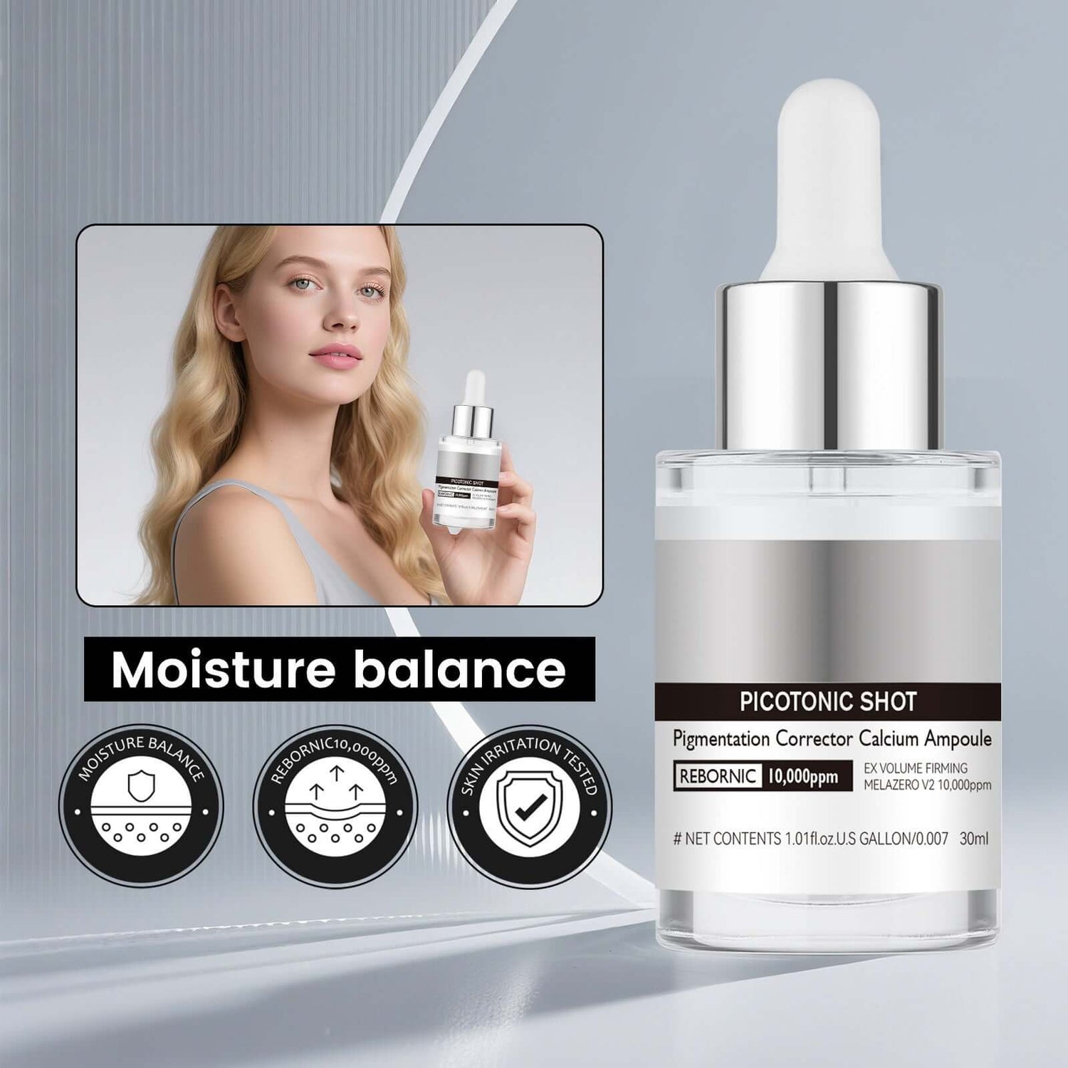 Solution de soin facial éclaircissant Care Suit, flacon de 0, visible avec son étiquette et packaging blanc.