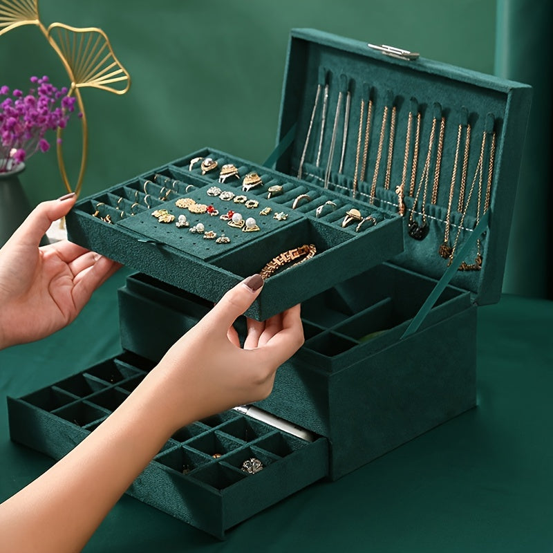 1pc 3 Layer Flannelette Lockable Jewelry Storage Box, Antique Flannelette Jewelry Organizer Case, Ear Stud Necklace Earring Ring Watch Jewelry Box, Ideal choice for Gifts