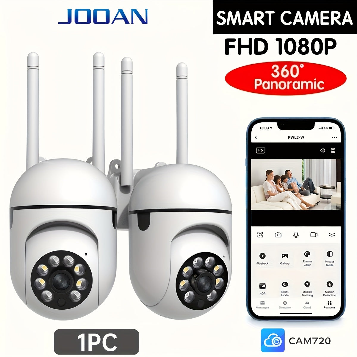 1pc JOOAN Smart Security Camera, Supports 1080P High Definition, 360° Panoramic View, Wireless Wifi, Dual Audio, PTZ (Pan/Tilt/Zoom), Night Vision, Motion Recording - Suitable for Indoor/Outdoor Use
