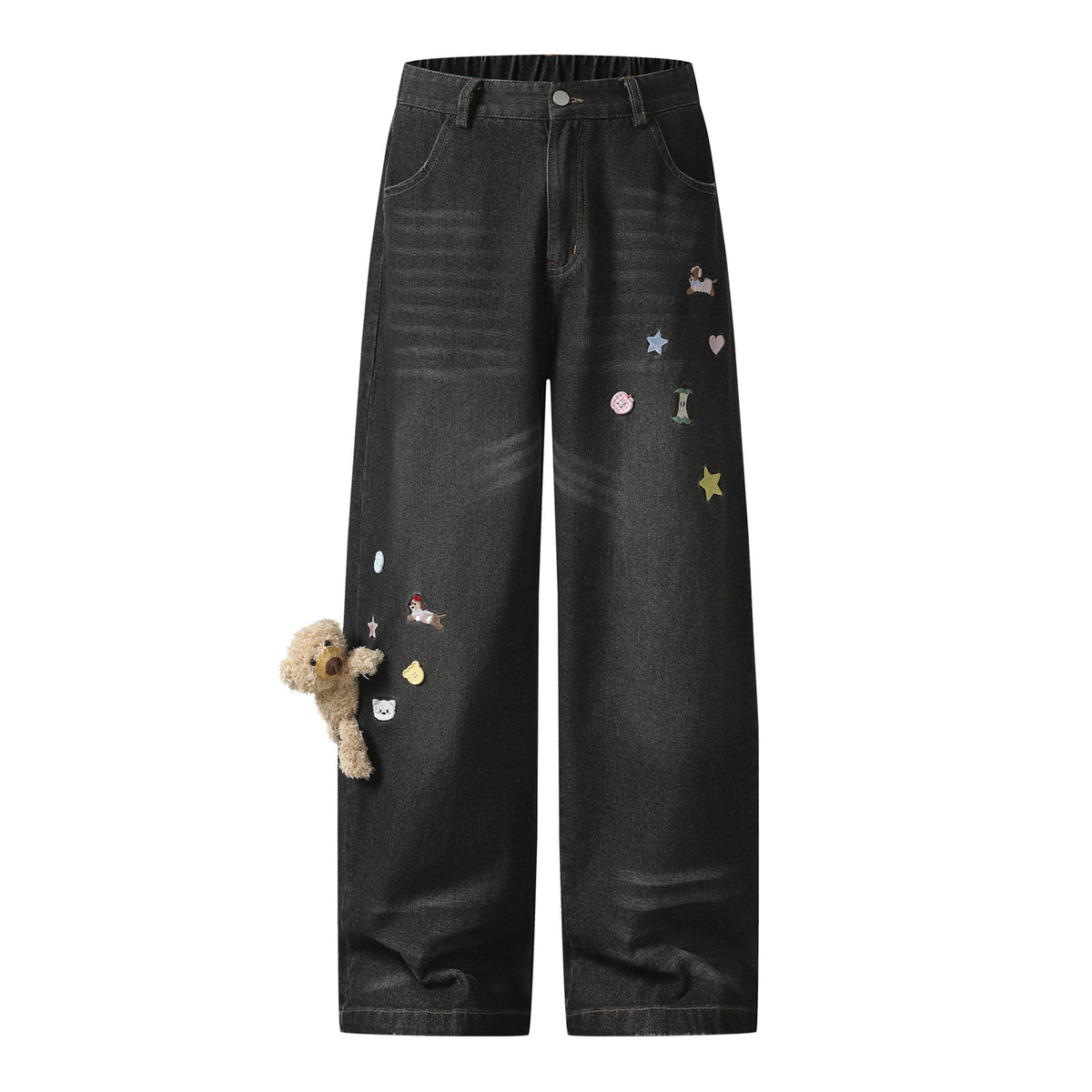 Cartoon Bear Decorative Design Denim Pants Unisex Loose Couple Casual Straight Leg Long Pants