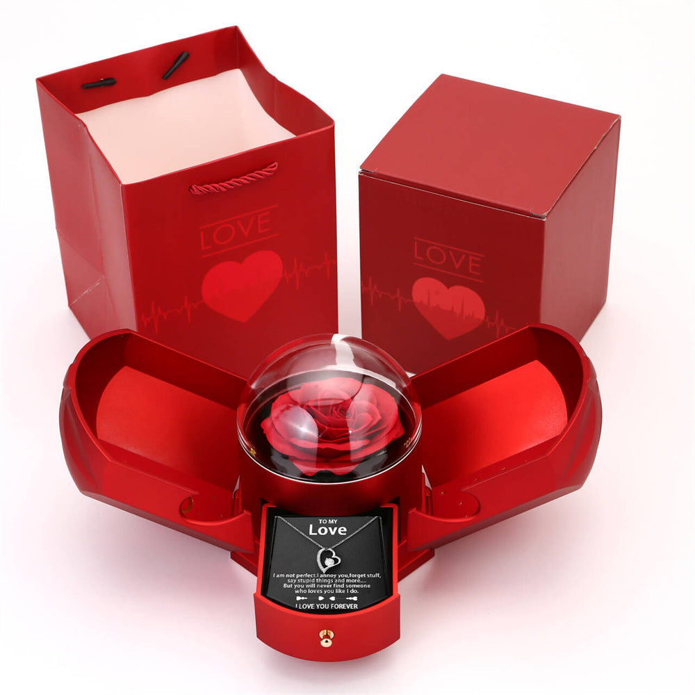 Cutie cadou cu trandafir dublu deschis, stil sertar, cutie de bijuterii cu trandafir, aripi de înger, cutie cadou pentru colier de Ziua Îndrăgostiților din China