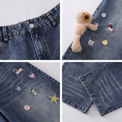 Cartoon Bear Decorative Design Denim Pants Unisex Loose Couple Casual Straight Leg Long Pants