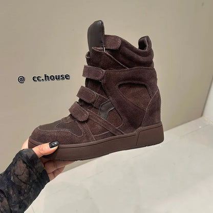 2026 Autumn/Winter New Genuine Leather 8cm Thick - Soled Velcro High - Top Sneakers, Women's, Versatile Casual Sneakers - 𝐃𝐔𝐕𝐋𝐀𝐒𝐇𝐎𝐏