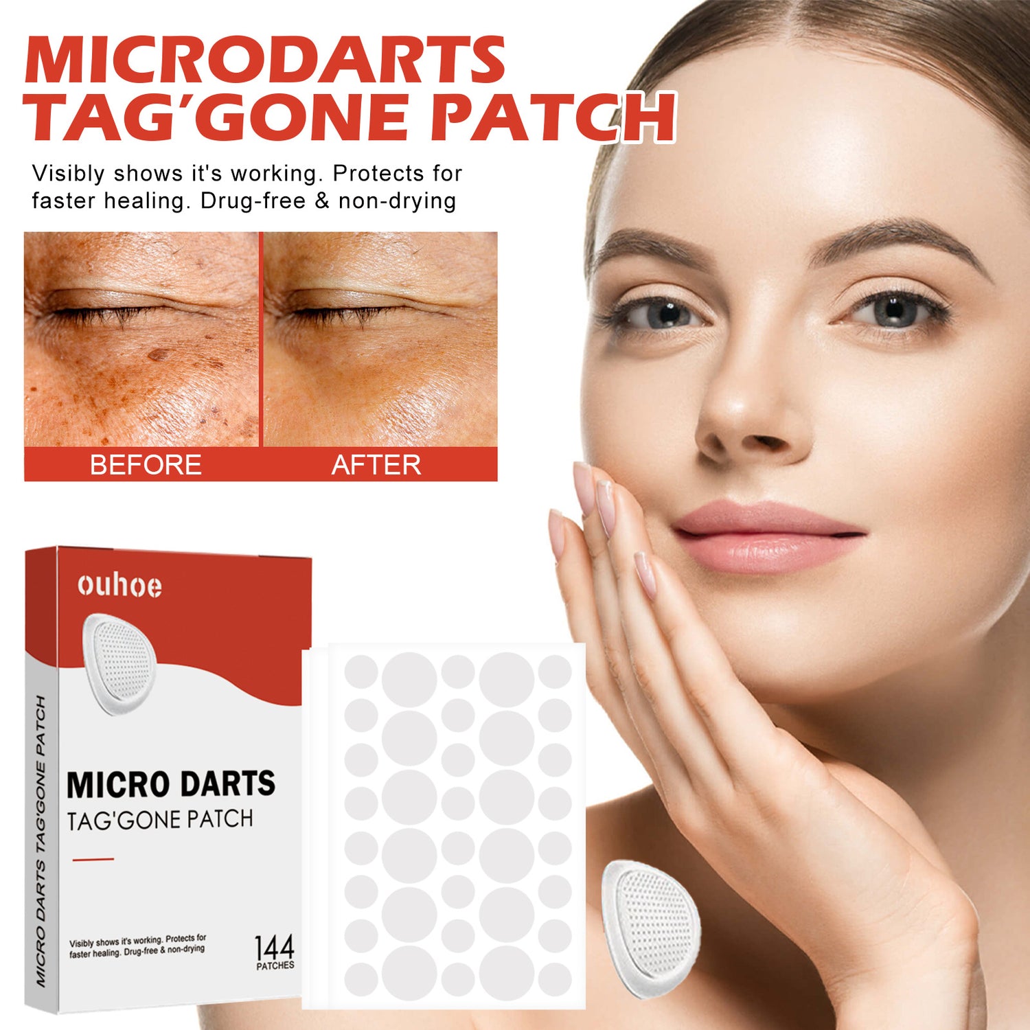 Étiquette de réparation de peau anti-acné pour taches noires, visible sur la peau dans une image claire et détaillée.