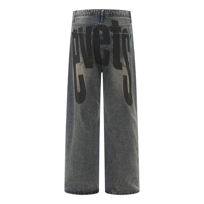 Streetwear Men's Straight Leg Denim Jeans with Letter Print, Casual Loose Fit  Pants