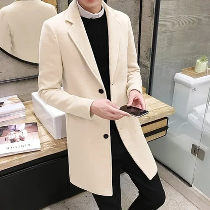Men's coat, medium long windbreaker, winter slim fit woolen coat, teenage student thick woolen coat