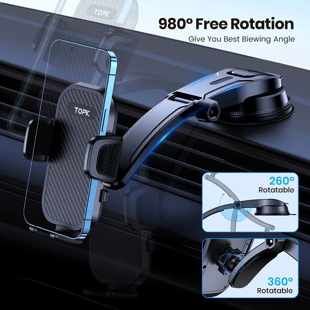 TOPK Phone Holder For Car Dashboard, Upgraded Adjustable Horizontally And Vertically Cell Phone Mount For Car Dashboard Compatible With All Phones