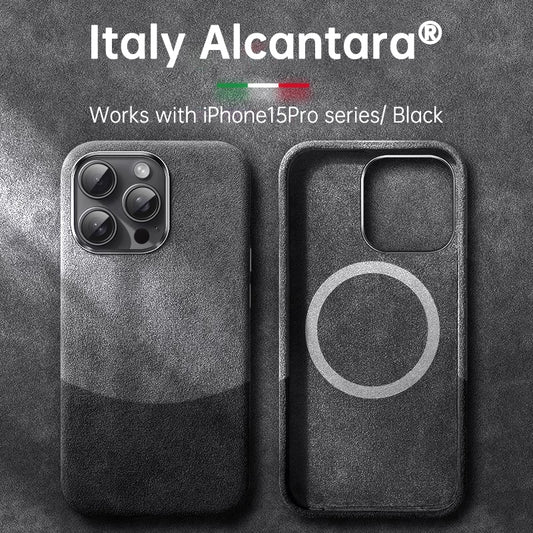 Italienische Alcantara-Hülle für iPhone 15 Pro Max, Business-Leder-Handyrückseite für iPhone 13 Pro Max mit Magneten 