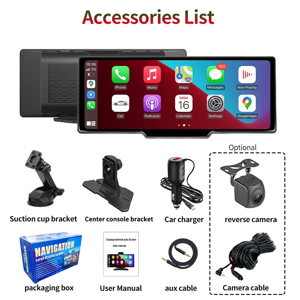 Tragbarer 10,26-Zoll-Smart-Bildschirm für die zentrale Fahrzeugsteuerung mit kabellosem CarPlay, Android Auto, Bluetooth und AHD-Rückfahrkamera