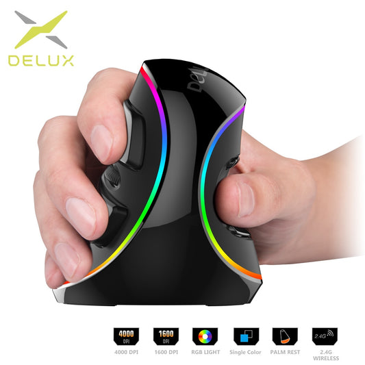 Delux M618 PLUS Ergonomie Mouse de gaming vertical cu 6 butoane, 4000 DPI RGB cu fir/fără fir, pentru dreapta, pentru PC, laptop 