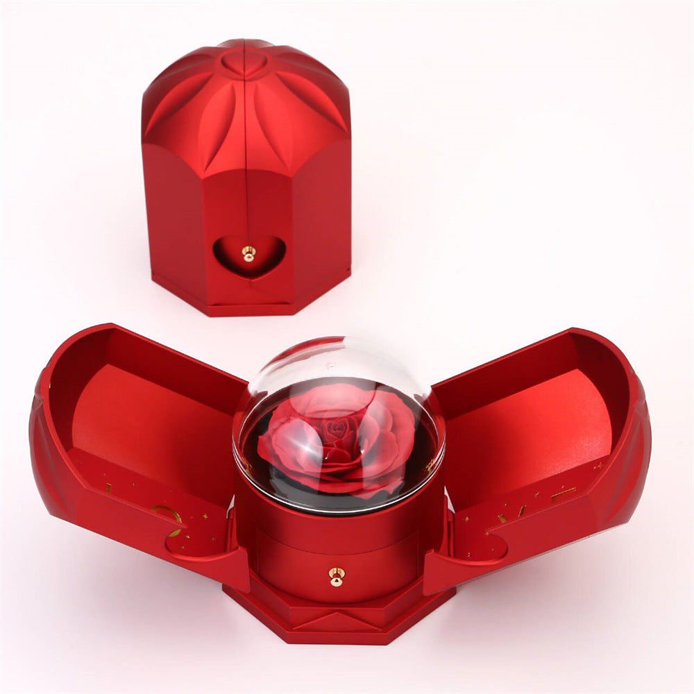 Cutie cadou cu trandafir dublu deschis, stil sertar, cutie de bijuterii cu trandafir, aripi de înger, cutie cadou pentru colier de Ziua Îndrăgostiților din China