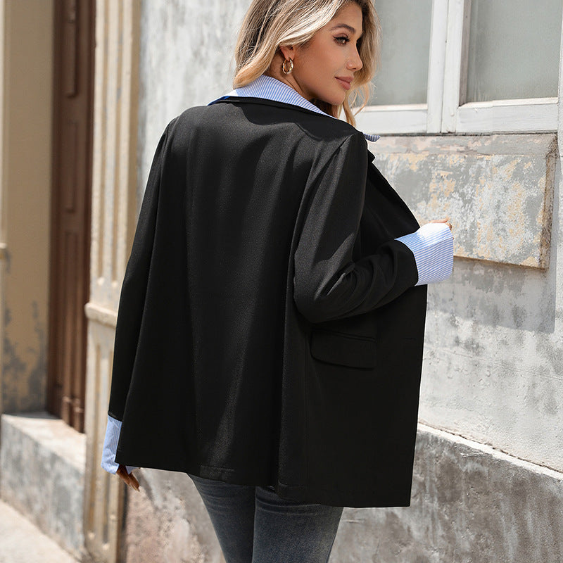 Cămașă cu dungi, model patchwork, jachetă falsă din două piese, cu mânecă lungă