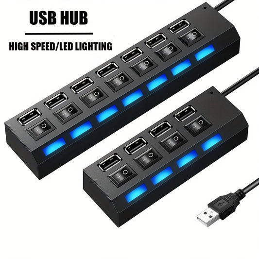 Adaptor Hub USB 2.0 cu 7 porturi/4 porturi LED, comutator de pornire/oprire pentru PC, laptop