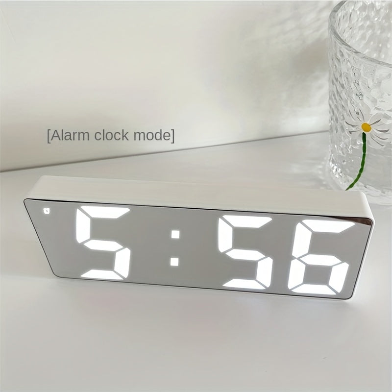 Modern LED Digital Clock with Adjustable Brightness, Date & Temperature Display - USB-Powered 12/24H Rectangular Bedroom Alarm Clock for Home Office Decor, Digital Display Clock | Contemporary Design | Durable Electronics, Al