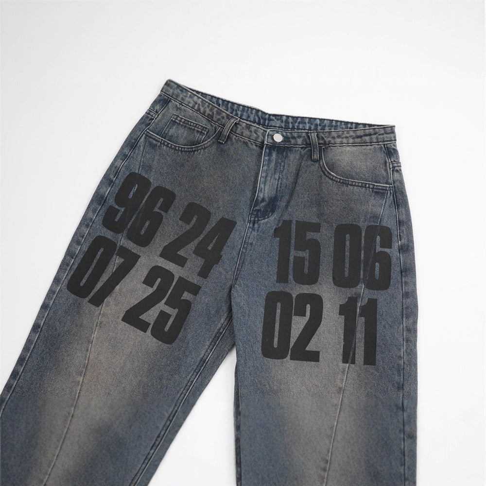 Streetwear Men's Straight Leg Denim Jeans with Letter Print, Casual Loose Fit  Pants