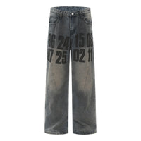 Streetwear Men's Straight Leg Denim Jeans with Letter Print, Casual Loose Fit  Pants