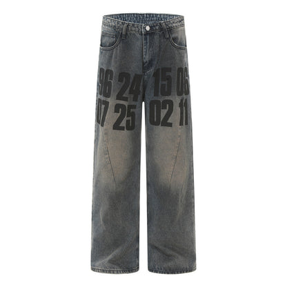 Streetwear Men's Straight Leg Denim Jeans with Letter Print, Casual Loose Fit  Pants