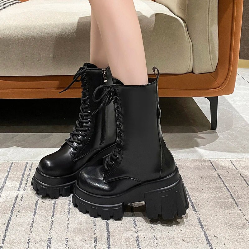 9CM Chunky Platform Ankle Boots Women 2025 New Autumn Winter Motorcycle Boots Woman Thick Bottom Non Slip Leather Combat Boots - 𝐃𝐔𝐕𝐋𝐀𝐒𝐇𝐎𝐏