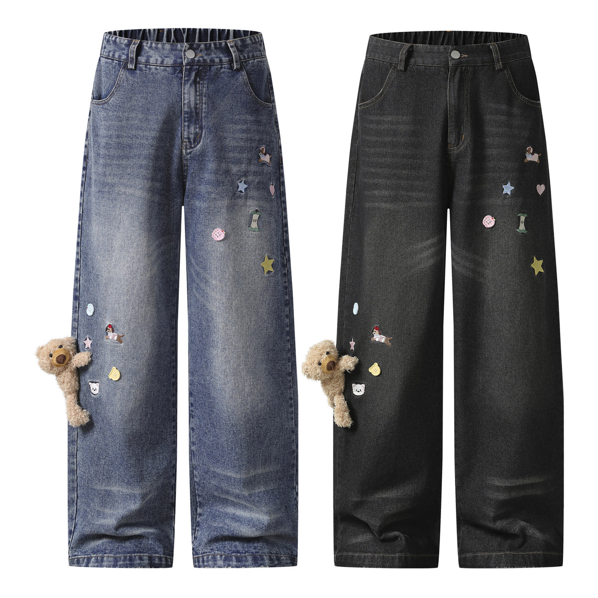 Cartoon Bear Decorative Design Denim Pants Unisex Loose Couple Casual Straight Leg Long Pants