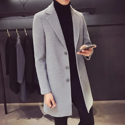 Men's coat, medium long windbreaker, winter slim fit woolen coat, teenage student thick woolen coat