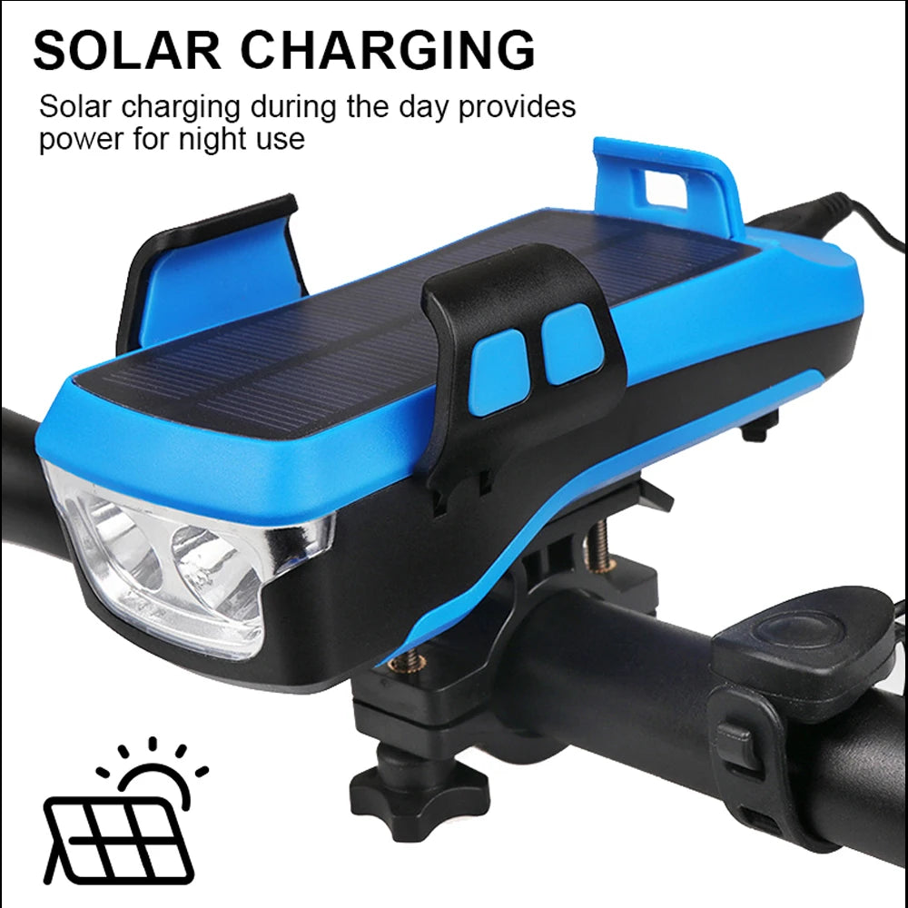 5-in-1 Multifunktions-Fahrradlicht mit USB-Solarladefunktion, Hupe, Handyhalterung, Powerbank und Frontlampe für Fahrräder – LED-Lampenzubehör 