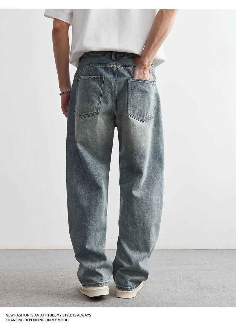 Pantaloni denim pentru bărbați, vara 2025, noi, albastru închis, spălați, blugi pentru bărbați, drepți, casual, îmbrăcăminte pentru bărbați, pantaloni largi cu picior larg, la modă, îmbrăcăminte pentru bărbați