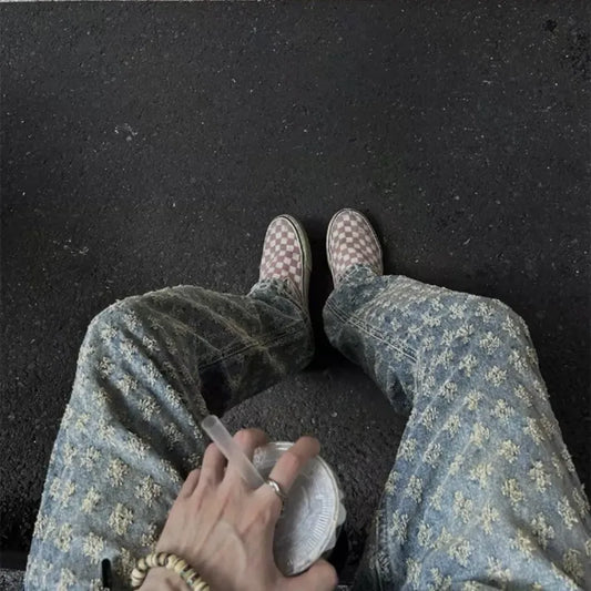 Bărbați europeni-americani de vară jacquard imprimat pe toată suprafața blugi americani subțiri slim fit drepte cu picior bootcut pantaloni