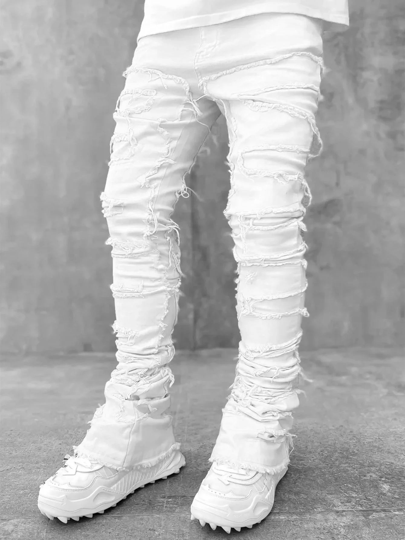 Stretchy Vintage Blue Stacked Jeans For Men Premium Raw Frayed Denim Destroyed Washed Patchworks Pants New