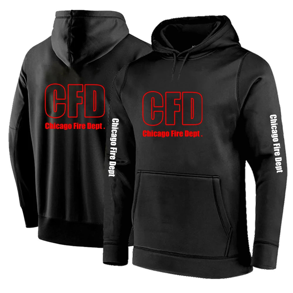 2025 Primăvara și toamna Chicago Fire Department Show TV Rescue Print Men's Outdoor Classic Solid Color Sports Loose Pullover Hoodies