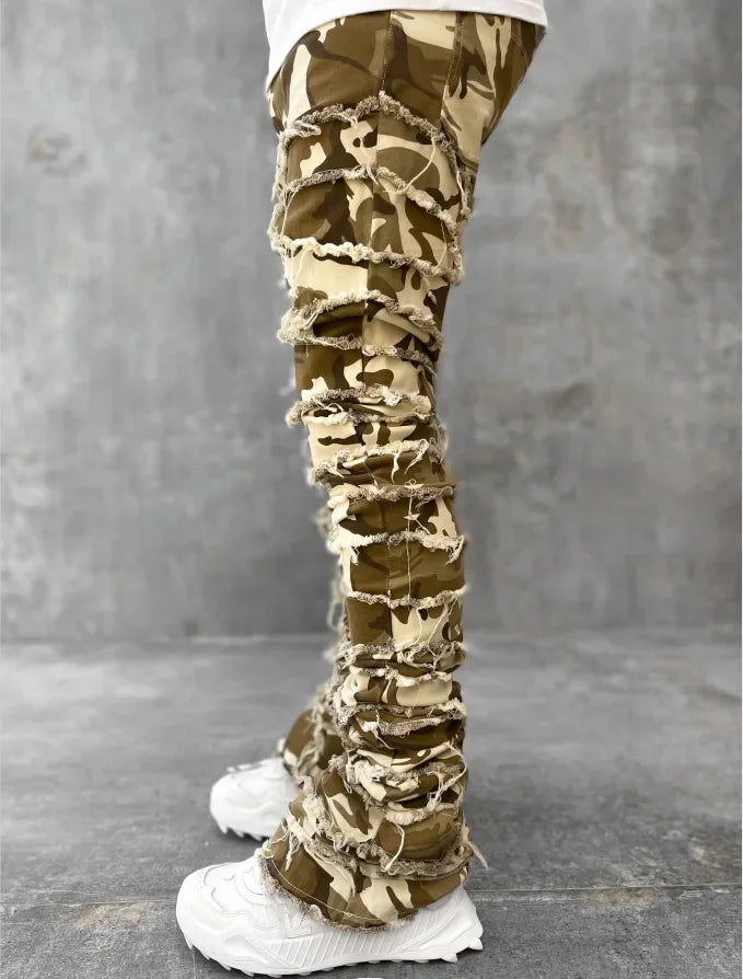 Stretchy Vintage Blue Stacked Jeans For Men Premium Raw Frayed Denim Destroyed Washed Patchworks Pants New