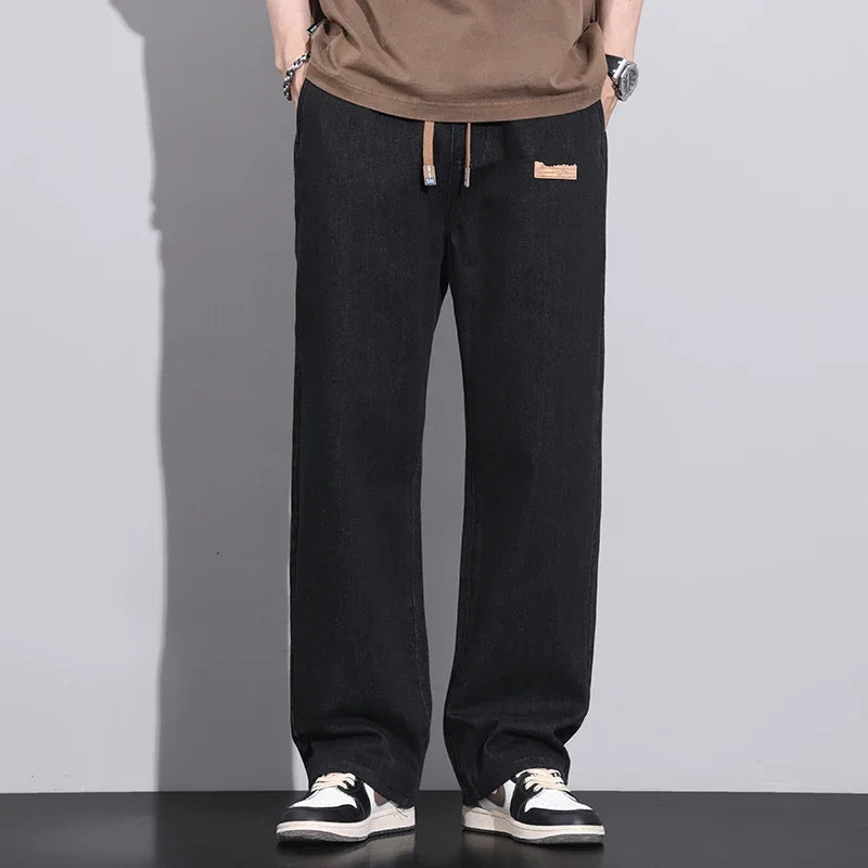 Men Dark Blue Blue Stretch Elastic Waist Denim Pants Streetwear Loose Full Length Trousers Straight Wide Leg Drawstring Jeans