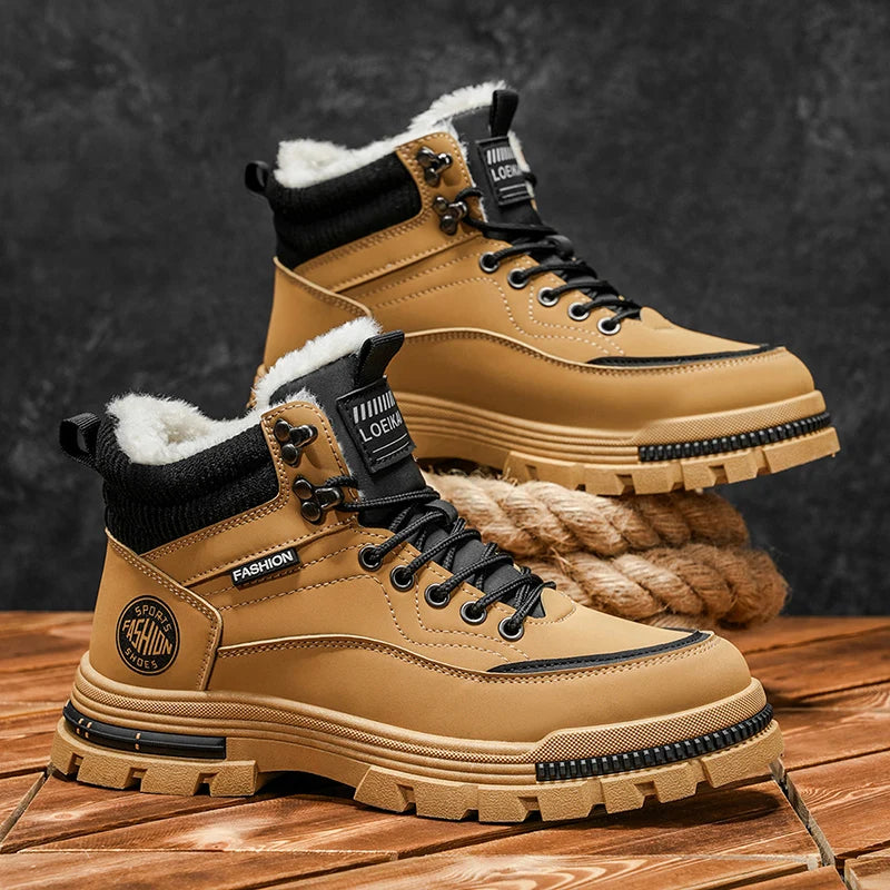 Cizme de zăpadă pentru bărbați de iarnă 2025, pantofi de iarnă din fleece cald, cu vârf înalt din bumbac, cizme de lucru retro