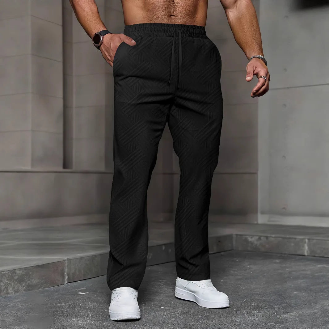 Men's sporty casual trousers, fashionable jacquard elastic waist street pants, solid-color loose all-season pants