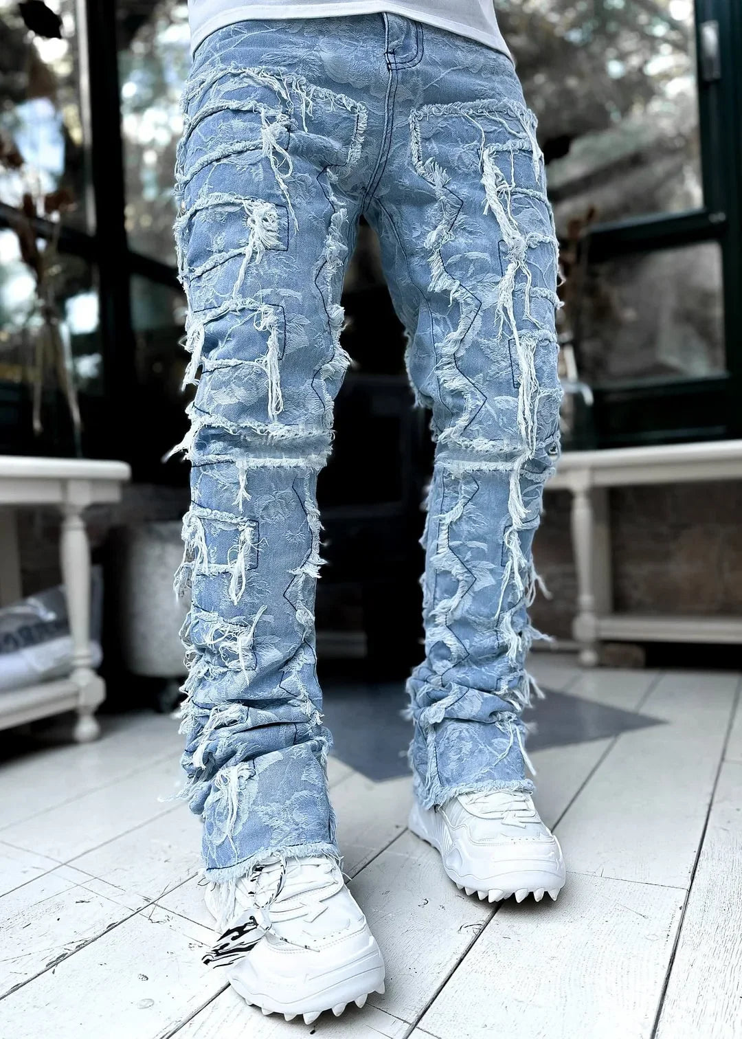 Stretchy Vintage Blue Stacked Jeans For Men Premium Raw Frayed Denim Destroyed Washed Patchworks Pants New
