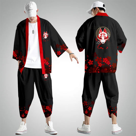 Large Size 5XL 6XL Japanese Kimono Cardigan Pants Set Print Fox Men Women Shirt Tradition Yukata Haori Obi Cosplay Costume