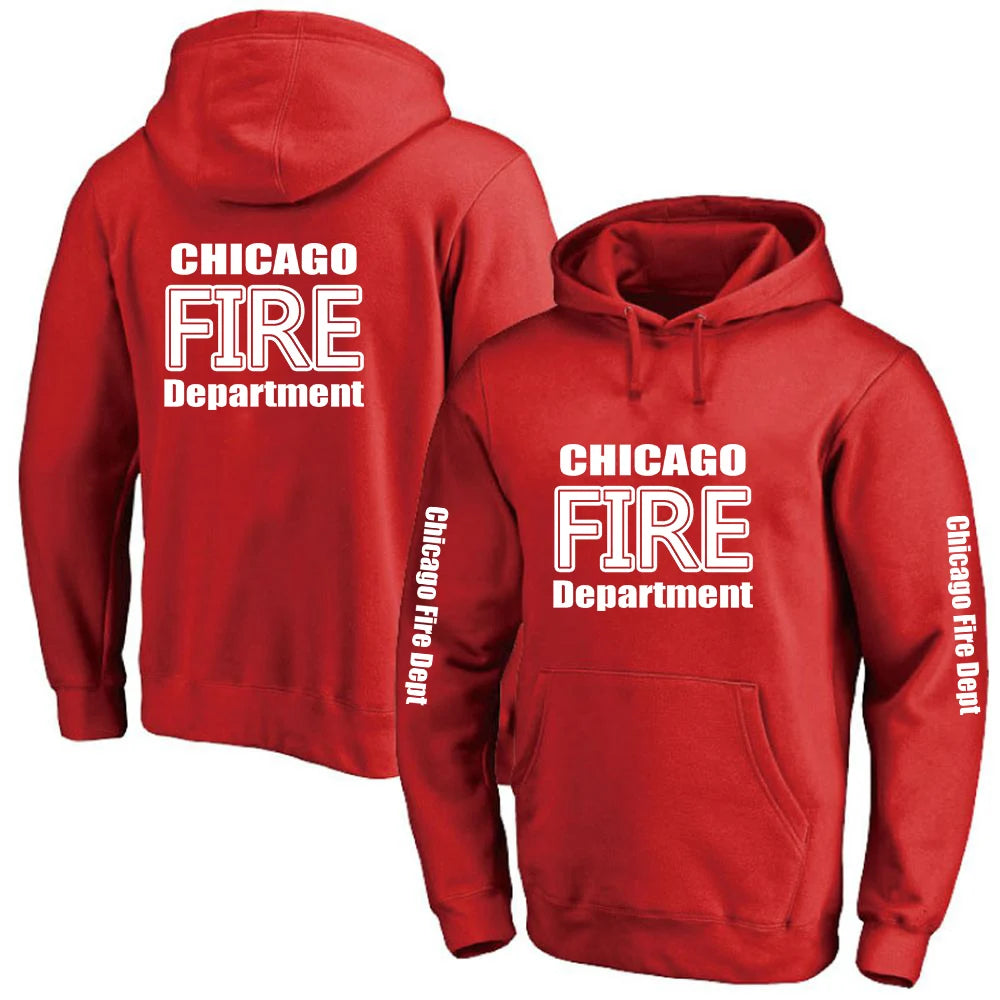 2025 Primăvara și toamna Chicago Fire Department Show TV Rescue Print Men's Outdoor Classic Solid Color Sports Loose Pullover Hoodies