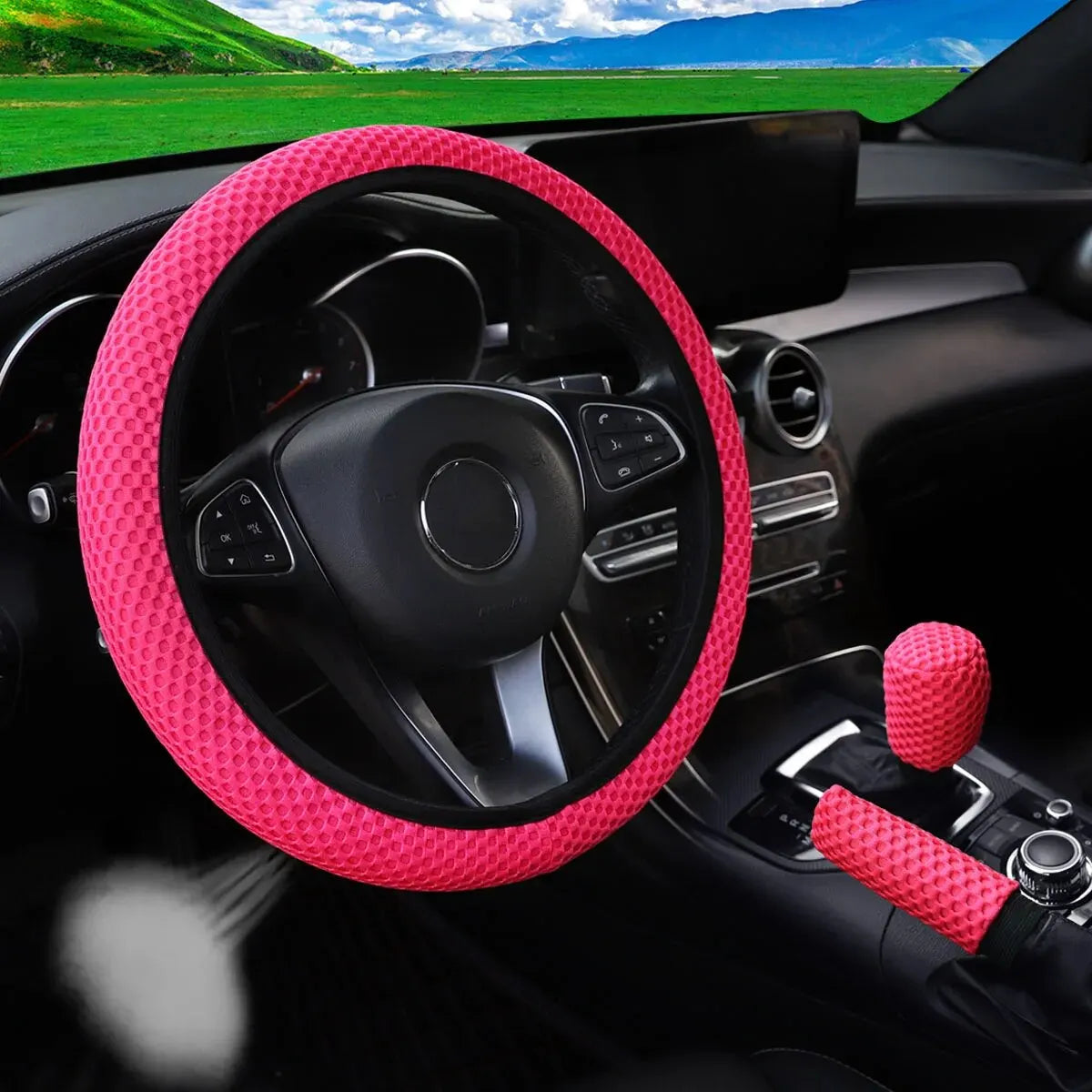 3-piece Massage Mesh Cloth Breathable Car without Inner Ring Steering Wheel Cover Handbrake Cover Handle Cover 14.5-15INCH