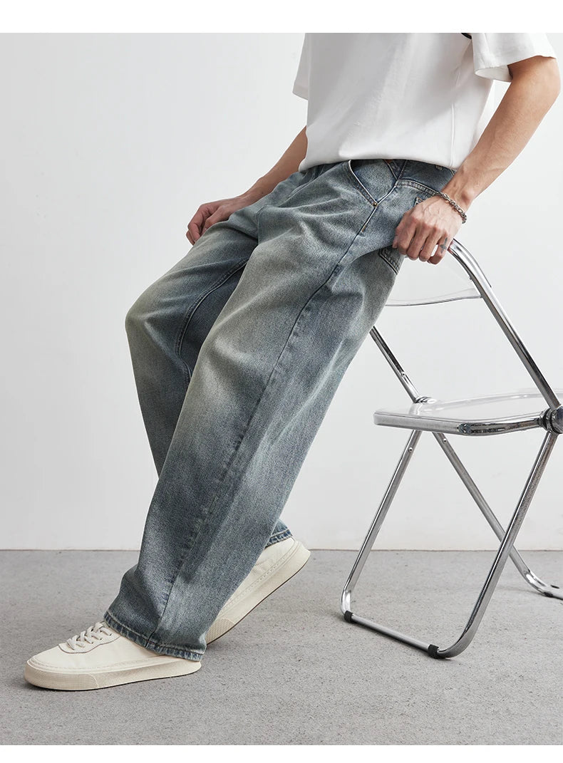 Pantaloni denim pentru bărbați, vara 2025, noi, albastru închis, spălați, blugi pentru bărbați, drepți, casual, îmbrăcăminte pentru bărbați, pantaloni largi cu picior larg, la modă, îmbrăcăminte pentru bărbați
