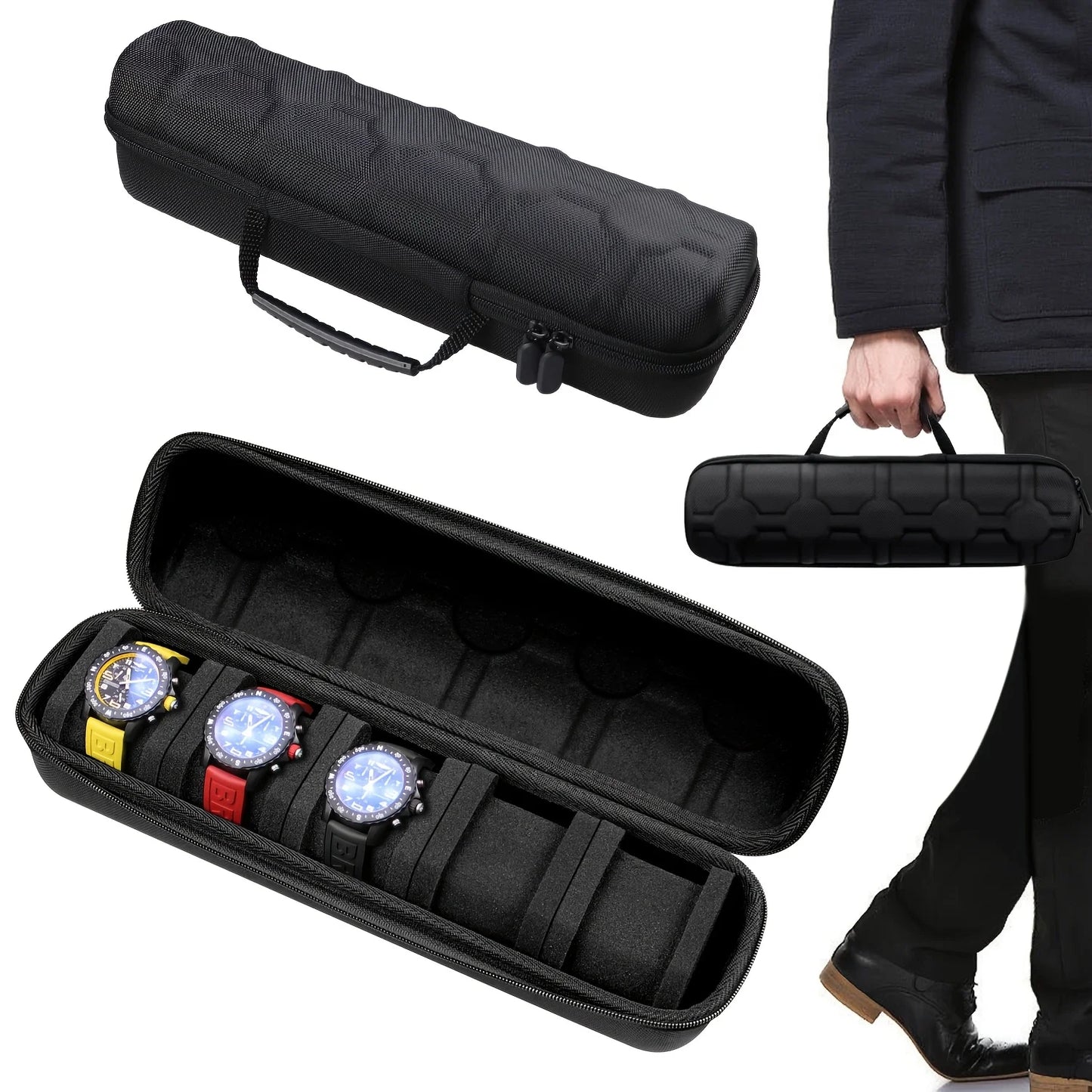 1pc 5-Slot Watch Case | Hard Shell Travel Organizer with Pillow Insert